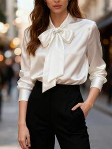 White Blouse Women Spring & Autumn Long Sleeve Office Shirt, Elegant Bow Decor Chiffon Flowy Top - White - View 3