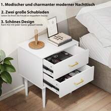 White Bedside Table With 2 Drawers, Bedroom Nightstand, Modern Bedside Table With Wooden Legs, 1 Piece - White - View 1