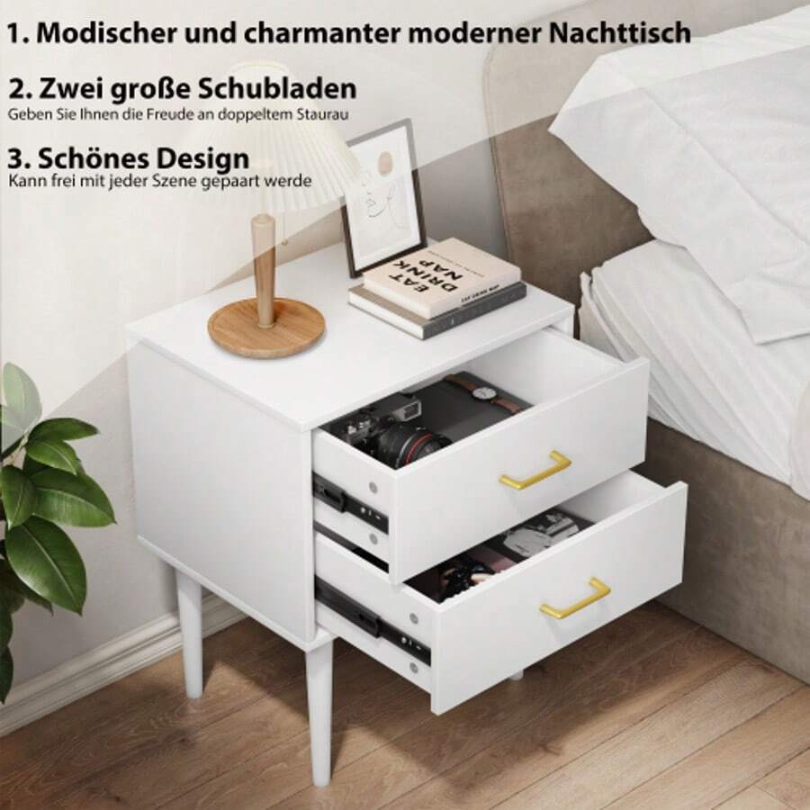 White Bedside Table With 2 Drawers, Bedroom Nightstand, Modern Bedside Table With Wooden Legs, 1 Piece - White - View 1