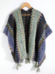 1pc Women's Fashion Multi-Color Wavy Pattern Bohemian Style Knitted Windproof Warm Tassel Shawl Poncho, Suitable For Daily, Travel, Shopping Outings (May Have A Stimulating Odor, Which Is Normal. After Receiving, Can Be Aired Outside) For Dress - Multicolor - View 13