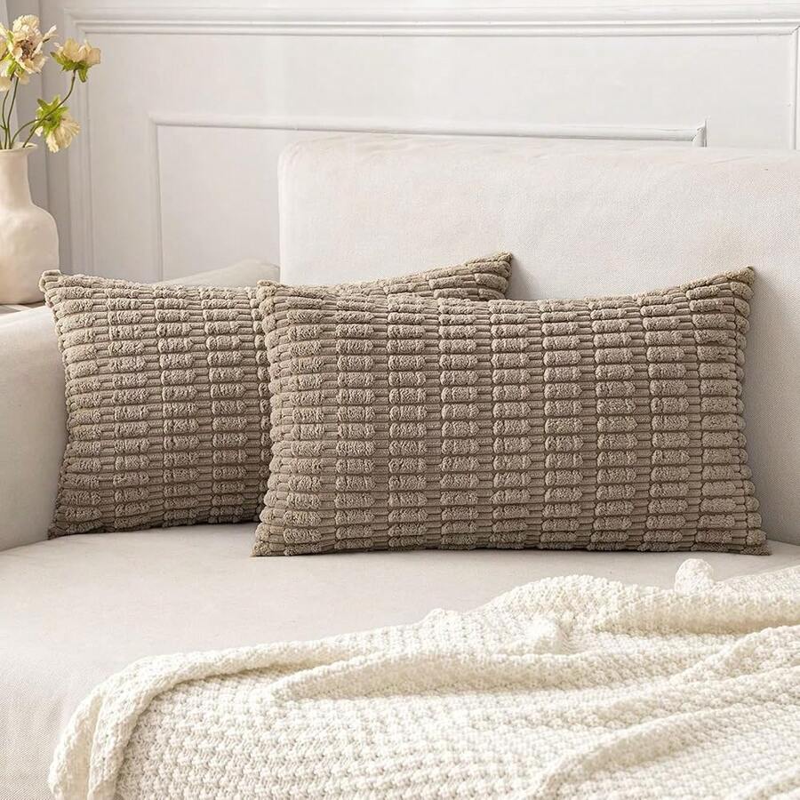 MIULEE Pack Of 2 Corduroy Decorative Lumbar Throw Pillow Covers 24x12 Inch Soft Boho Striped Pillow Covers Modern Farmhouse Home Decor For Sofa Living Room Couch Bed Light Brown,2224inchx12inchPackof2 - 2224吋x12吋2包 - 查看 1
