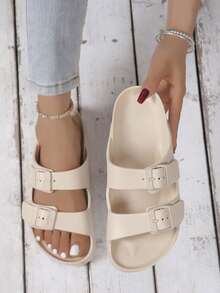 Women's Beige Sandals With Double Straps, EVA Slip-On Sandal With Buckle, Anti-Slip, Durable, Soft & Comfortable, Shock-Absorbing Outdoor Beach Slipper - Beige - View 7
