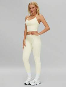 مجموعة سترة وبنطلون رياضي للنساء من MFVIM، باللون الأصفر الفاتح مع تباين لوني، بتصميم رياضي مكون من قطعتين، بخامة مرنة عالية وظهر مفتوح، مناسب للرياضات الخارجية كالتنس والجولف والرياضات الأخرى، بطقم بنطلون طويل - لون شمبانيي - مشاهدة 4