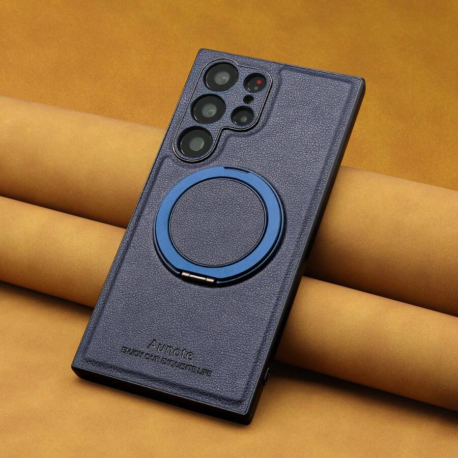 1个Aunote高品质荔枝纹PU皮革360°旋转指环支架磁吸保护手机壳，舒适耐用，旋转指环顺滑，适用于流媒体、办公、摄影等场景，支持无线充电和车载支架，适用于三星Galaxy S23 Ultra/S24 Ultra/S25 Ultra，男女通用高级礼品