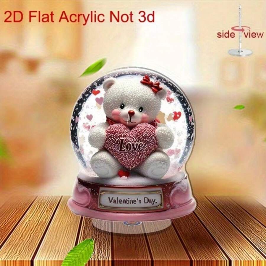 1件2D平面可旋转亚克力桌面摆件，可爱的泰迪熊抱着一颗写有“爱”字的大红心，置于精美的雪球中，温馨浪漫的家居装饰或礼品，极具收藏价值。 - 彩色 - 查看 1