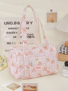 1 Piece Pink Strip Print Boston Bag Foam Quilted Tote Bag Large Capacity Travel Shoulder Bag Cute Cartoon Bear Pattern Shopping Tote Bag  Portable Travel Essentials Storage Bag Multi-Pocket Gym Bag Soft Fabric Cosmetics Storage Bag Fashionable Travel Makeup Handbag Multi-Functional Items Organizer Bag Gym Bag Ladies Accessories Travelling Stuff School Supplies Back To School Gifts Christmas Gift - 粉紅色條紋小熊 - 查看 4