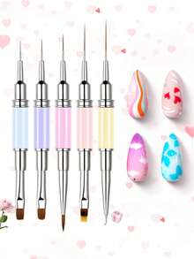 TOMICCA 1 pieza/5 piezas Cepillo de rayas de arte de uñas de doble cabeza colorido, 5 tamaños diferentes de cabezales de cepillo, para detalles pequeños, dibujo fino, cepillos de uñas para uso doméstico y salón de uñas profesional, herramienta de pintura de uñas