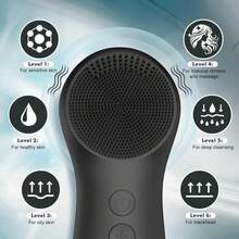 Cepillo de limpieza, exfoliador eléctrico de silicona con 6 velocidades, cepillo de limpieza recargable, cepillo de limpieza impermeable para hombres y mujeres - Negro - Ver 3