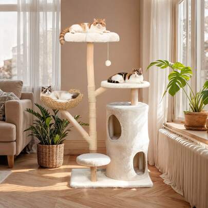 BingoPaw Real Wood Modern Cat Tree Tower For Indoor Cats Large Adult With Scratching Post, Toys