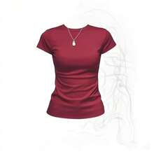 Women's Solid Color Short Sleeve Crew Neck Crop Slim-Fit Top T-Shirt In Burgundy Christmas New Year Thanksgiving - Red - View 2