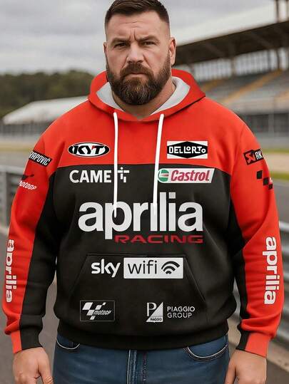 Plusstorlek 3D digitaltryckt racingsportstil herrtröja med fickor, bekväm långärmad topp för höst/vinter, avslappnad sport- och utomhuströja, maskintvättbar och färgäkta