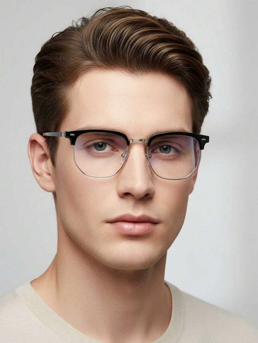 A Pair Of Men's Fashionable Metal Half Frame Polygonal Flat Glasses, Suitable For Office, Mobile Phones, Computers, Games, Students, Gifts, Etc - Clear - View 1