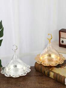 1pc Creative Holiday-Themed Star & Crescent Moon Handle Covered Cake Plate/Snack Dish, Gold Color, Ramadan Kareem 2025 Design With Star & Crescent Embossed, Portable Compact Cute Buffet Plate, Bohemian Style, Suitable For Middle Eastern Festivals, Celebrations, Parties, Arab Festivals, Islamic Festivals, Eid Mubarak - Hollow Out Style - View 2