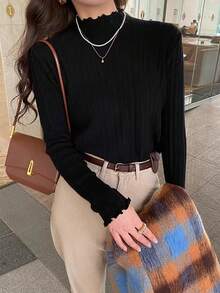 Women's Sweater Mullet Lace Half High Neck Knit Sweater Autumn And Winter Inner Solid Color Bottom Shirt Top - 黑色 - 查看 10