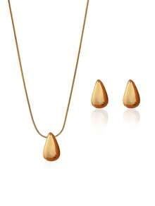 3pcs Elegant Geometric Snake Bone Chain, Teardrop Necklace And Earrings Set, Fashionable Smooth Shiny Tarnish Resistant Hypoallergenic Jewelry For Women, Suitable For Mother's Day, Valentine's Day, Birthday Gifts - Apparel Accessories And Holiday Gifts - Teardrop - View 3