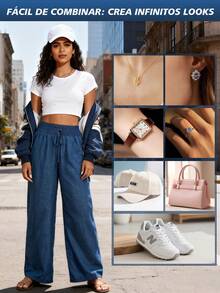 Pantalones casuales de talle alto de pierna recta de unicolor ideales para vacaciones y ocio - Azul Marino - Ver 10