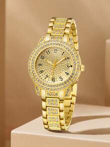 Bộ 4 chiếc đồng hồ nữ dây thép không gỉ màu bạc, kiểu dáng thời trang thường ngày, mặt số chữ số Ả Rập, máy quartz, thích hợp để đeo hàng ngày, trang trí, làm quà tặng bạn bè hoặc quà tặng ngày lễ. - Vàng - Xem 2