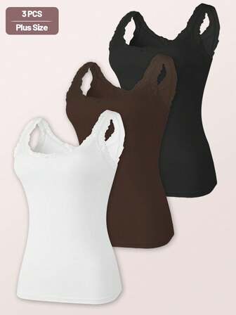 3件套加大码女式蕾丝边装饰圆领无袖吊带背心拼接款