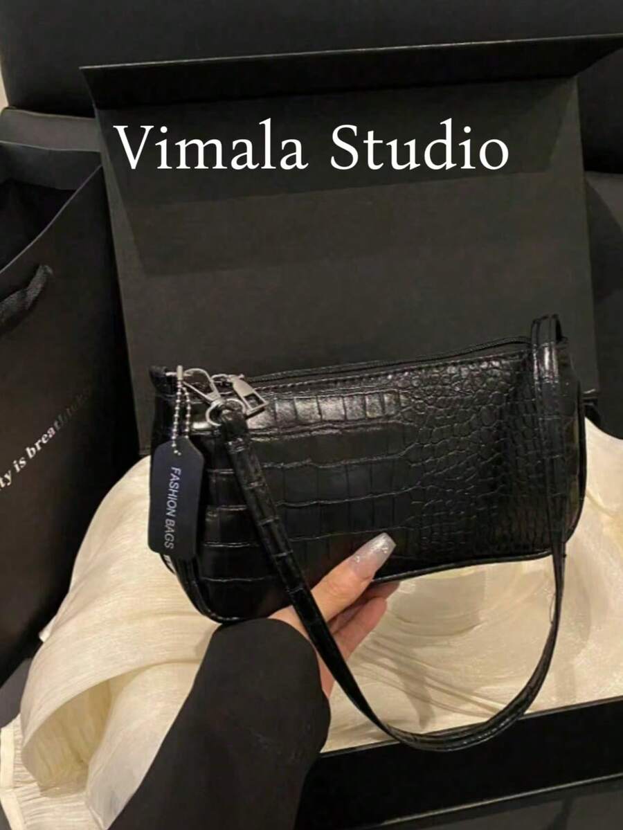 Crocodile Embossed Women's Handbag, Korean Style Women's Underarm Handbag, New Fashion Shoulder Bag, Minimalist Crescent Commuter Bag - Black - View 1