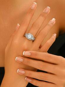 1入組時尚雙層,四爪,方晶鋯石訂婚戒指適合女士 - 銀色 - 查看 4