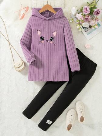 Conjunto de 2 piezas de top de punto con capucha y pantalones con bordado de dibujos animados para niñas, para primavera/otoño