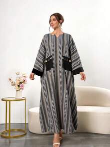 女士优雅印花圆领长袖宽松撞色口袋流苏下摆连衣裙，休闲款 - 彩色 - 查看 1