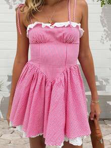 Women Plaid Mini Cami Dress Slim Ruffle Trim Tie-Up Spaghetti Strap A-Line Dress For Daily Party - 粉色 - View 1
