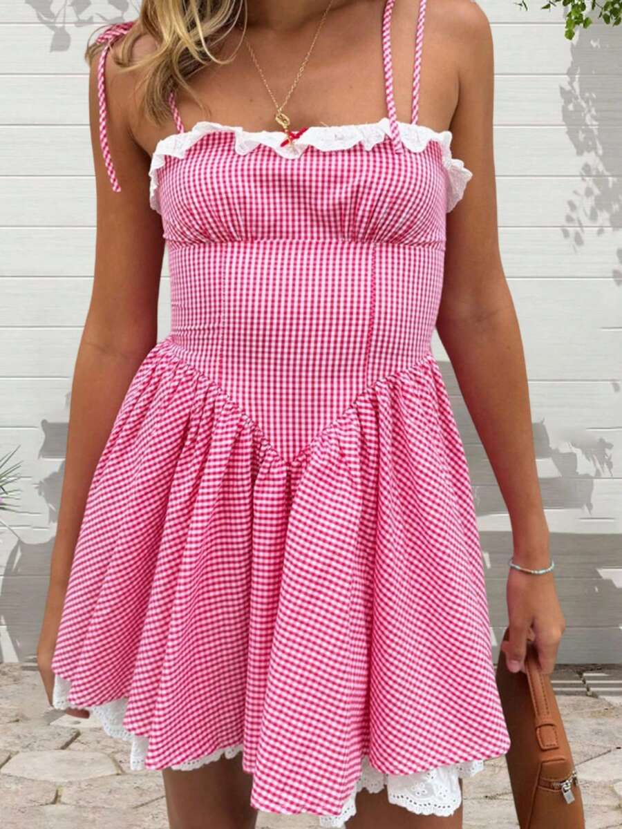 Women Plaid Mini Cami Dress Slim Ruffle Trim Tie-Up Spaghetti Strap A-Line Dress For Daily Party - 粉色 - View 1