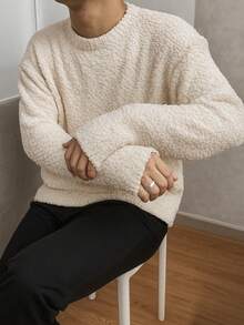 Men White Minimalist Solid Color Versatile Loose Textured Crew Neck Knit Sweater, Christmas, New Year - Beige - View 2