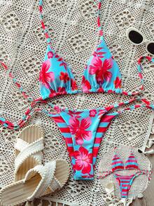 女士新款休闲可爱蓝粉色碎花条纹双面比基尼套装 - 彩色 - 查看 2