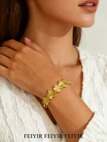 优雅花卉不锈钢手镯，18K镀金可调节开口手镯，女士金色婚礼首饰，节日派对配饰，送给她/妈妈/闺蜜的礼物 - 不銹鋼 - 查看 10