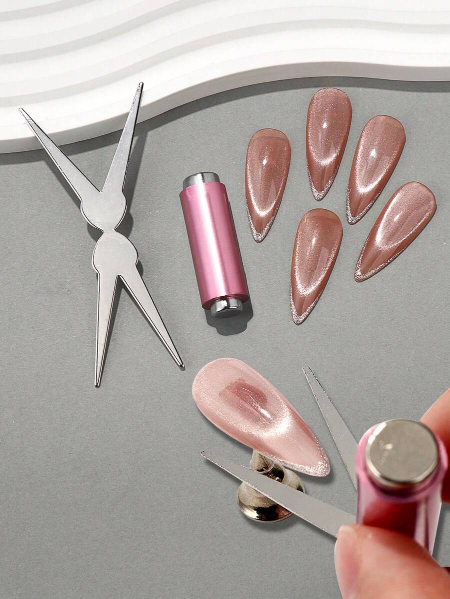 FULL BEAUTY Nam châm tạo hiệu ứng mắt mèo kiểu Pháp 2 trong 1, nam châm hình trụ hai đầu màu hồng, tấm kim loại hình chữ V, hiệu ứng nam châm kiểu Pháp, dụng cụ làm móng DIY, vật tư làm móng gel. - Nhiều màu - Xem 1