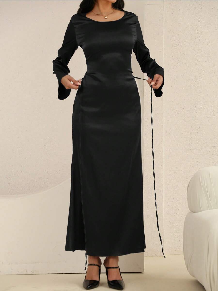 圣诞女士定制缎面长裙，束腰设计，经典圆领，夸张喇叭袖，奢华晚礼服，优雅女士连衣裙，冬季连衣裙，新年连衣裙，派对连衣裙，沙滩连衣裙，女士优雅连衣裙，休闲长裙，度假连衣裙，节日连衣裙，夏季连衣裙，黑色春季 - 黑色 - 查看 1