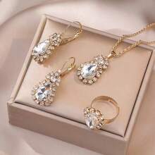 1 套复古奢华优雅水钻水滴耳环、项链和戒指首饰套装，适合女士，适合节日、生日、约会、舞会、派对、节日、购物、日常工作 - 彩色的 - 查看 10