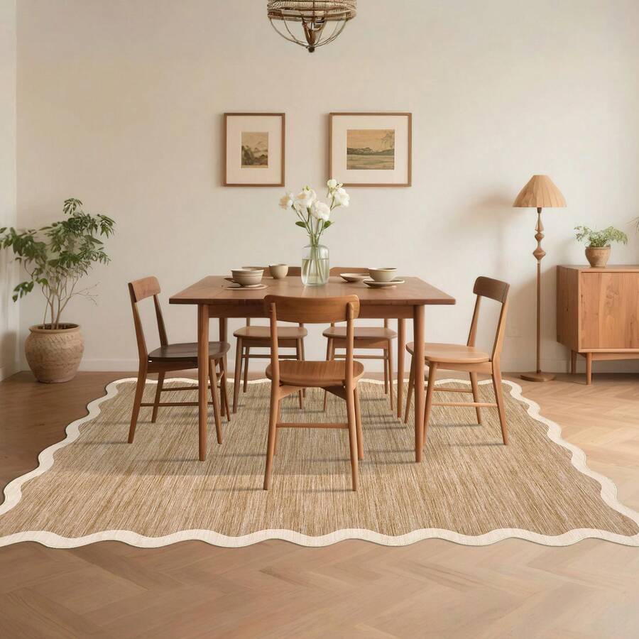1 pieza Alfombra de área sólida con borde ondulado moderna y lavable para decoración de habitación, sala de estar, dormitorio interior, alfombras plegables para el piso, de pelo corto y suave, sin desprendimiento, para oficinas, pasillo y dormitorio, antideslizante - Camel - Ver 1