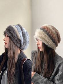 JOYLORD 1 件女士针织无檐便帽，宽松保暖毛绒护耳帽，宽松、百搭、可爱，适合冬季