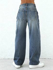 Quần jeans ống đứng dáng suông rộng cổ điển dành cho nữ - Màu xanh hải quân - Xem 3