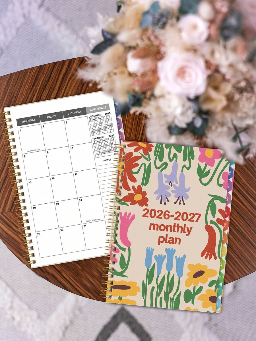 Trees Planificador mensual 2026-2027 tamaño A5, calendario de 24 meses con pestañas mensuales, papel grueso, cubierta minimalista, espiral dorada resistente, perfecto para organización en el trabajo, la escuela y el hogar, útiles de oficina