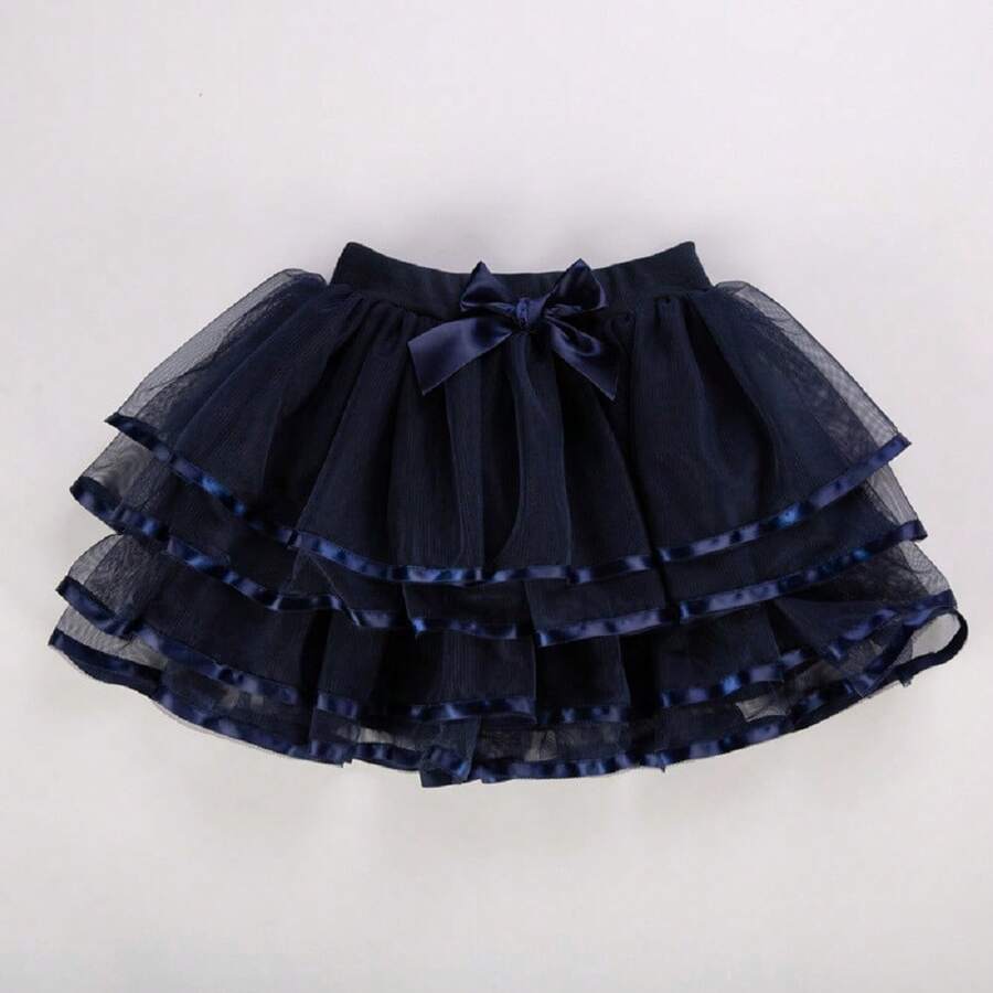 Girl Tutu Skirt Tiered Ruffled Mesh Puffy Drape Hem Bow Elastic Waistband Short Skirt - 藍色 - 查看 1