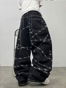 1件 Hearty Haven 男士美式高街刺绣阔腿牛仔裤，水洗做旧，休闲时尚宽松街头风百搭四季牛仔裤（不含腰带或配饰） - 黑色 - 查看 9