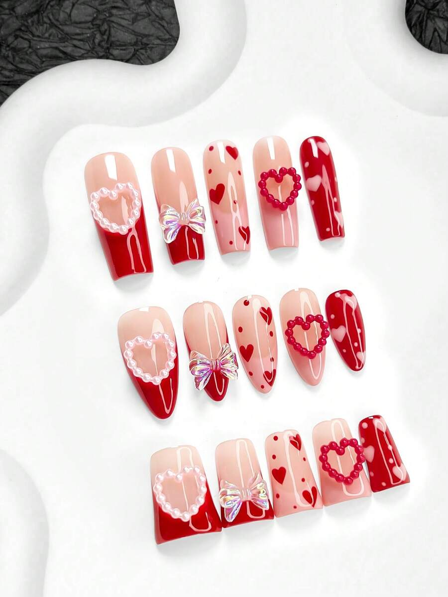 10pcs Red Romantic Valentine's Day Nail Art Set, Hand-Painted Heart Fake Nails, French Press-On Nails, Heart & Bow Nail Decorations, Gel Nail Kit, Includes Nail Tools (1 Jelly Sticker + 1 Nail File), 3 Sizes Available: Almond, Duck Mouth, Coffin, Suitable For Party, Anniversary, Valentine's Day, Daily Nail Care - 彩色 - 查看 1