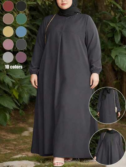 Plus Size Dignified Arabic Style Long Dress, Regular Long Sleeve, Round Neck, With Pockets, Made Of Comfortable Non-Stretch Woven Fabric, Elegant Abaya Design, Suitable For Women Spring