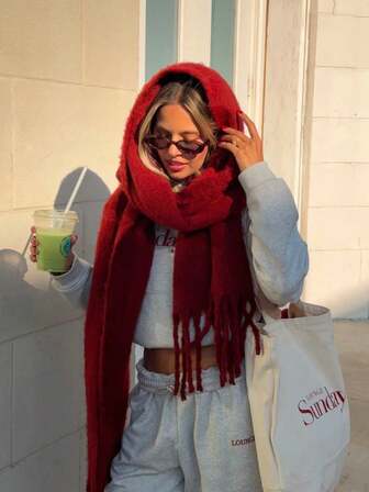 1 pieza Bufanda gruesa y cálida de color rojo sólido, estilo universitario elegante, versátil, adecuada para el frío en otoño/invierno, ideal como regalo de Navidad