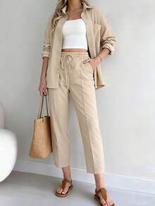 2 件套女式纯色前扣口袋长袖上衣和系腰长裤 - 杏色 - 查看 4