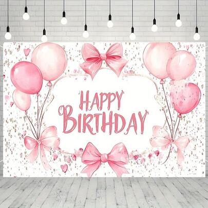2D Flat Multi-Functional Pink Bow Birthday Backdrop - Durable Polyester Banner For Indoor/Outdoor Celebrations, Perfect For Parties, Home Decor, Photo Walls, Gardens, And Yards