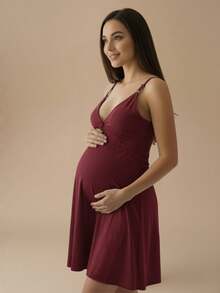 Nursing Nightgown With Lace Detail Postpartum Comfort Maternity. - Burgundy - View 3