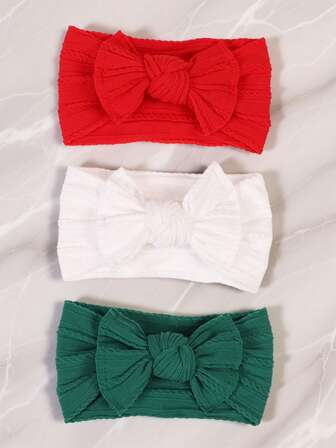 3pcs/Set Red, White & Green Baby Soft Knit Headband With Big Bow, Cute Photoshoot Prop, Newborn Gift & Daily Essential