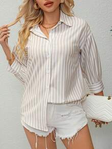 AuroraSilk Women's Striped Button Front Drop Shoulder Blouse, Casual Short Sleeve Shirt, Suitable For Spring, Summer, Autumn, Party Wear - 彩色 - 查看 7