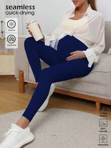 Maternity High Waist Seamless Elastic Solid Color Leggings, Suitable For Casual Daily Wear Spring - Royal Blue - View 2