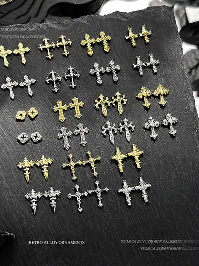 100pcs Mixed Gold & Silver Cross, Clover Alloy 3D Nail Art Decorations, Punk Style 3D Cross, Minimalist Multi-Functional Nail Jewelry, Y2K Metallic Nail Accessories, DIY Nail Salon Art Decor, Nail Rhinestones, Nail Gems, Nail Supplies, Fake Nail Decorations